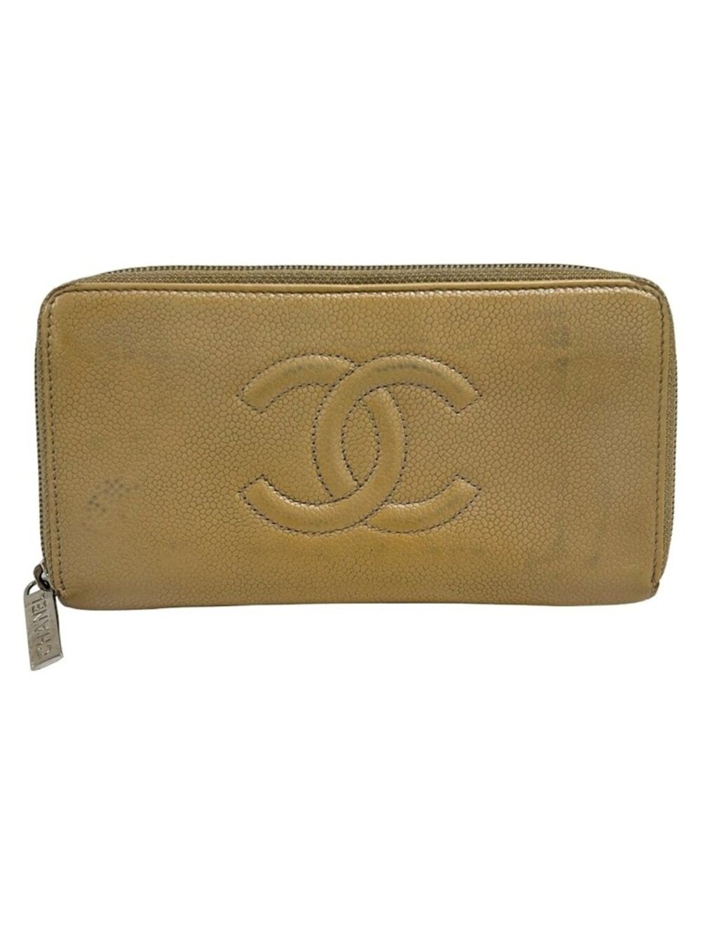 Chanel Wallet Beige Zip Around CC Logo Silver